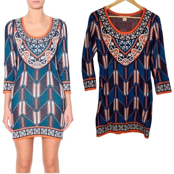 Flying tomato chevron sweater dress Aqua ethnic dress 3/4 sleeves mini M - Picture 2 of 11